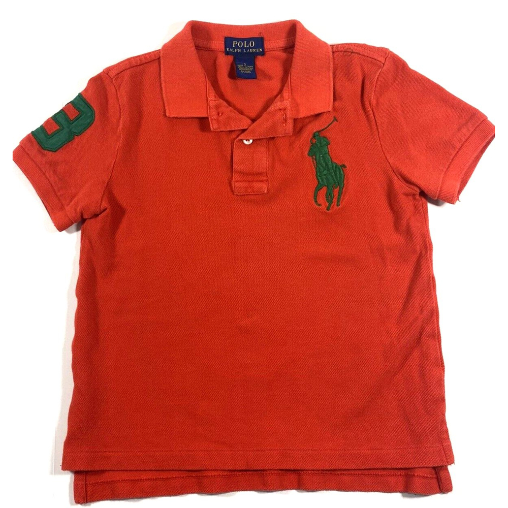 Boys Kids Orange Polo Ralph Lauren Big Horse Logo # On Sleeve Polo Shirt-SIZE 5